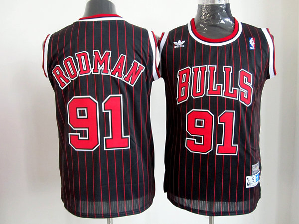 NBA Chicago Bulls 91 Dennis Rodman Black Red Stripe Red Stripe Throwback Swingman Jersey